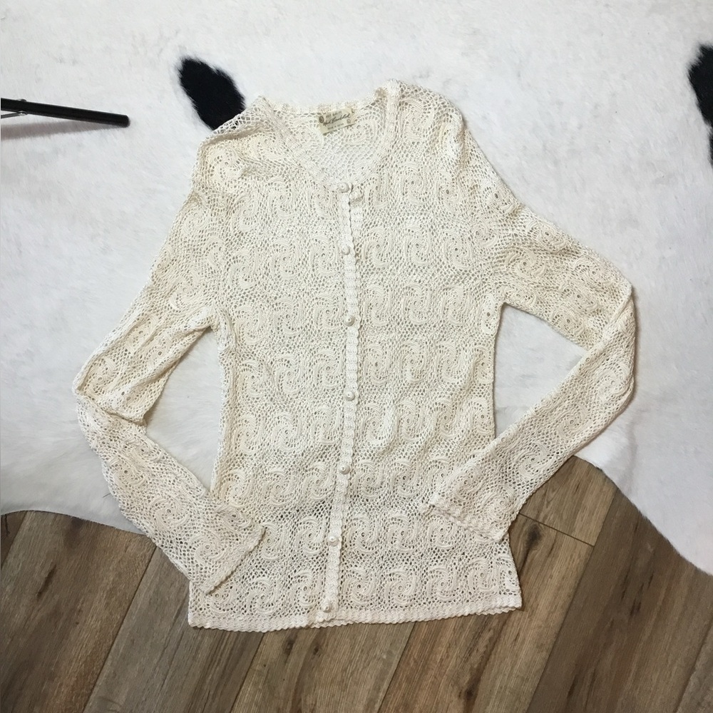 vintage hand-crocheted cardigan antique off-white hue, boho lace or doilystyle